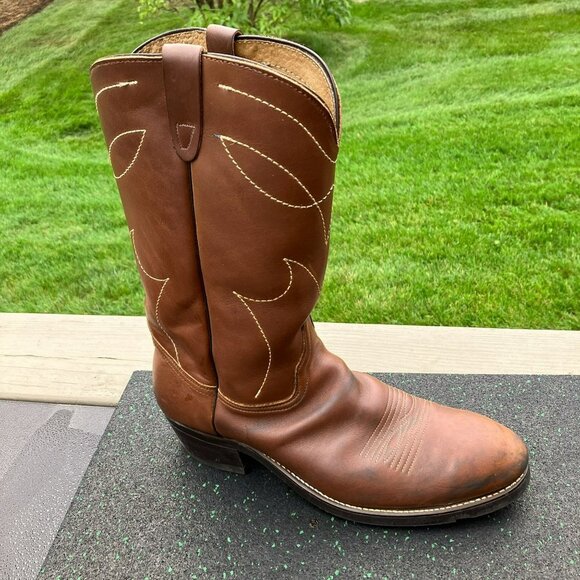 Vintage Brown Leather Steel Toe Work Cowboy Boots Sheplers Men's 12D USA Made - Picture 1 of 16
